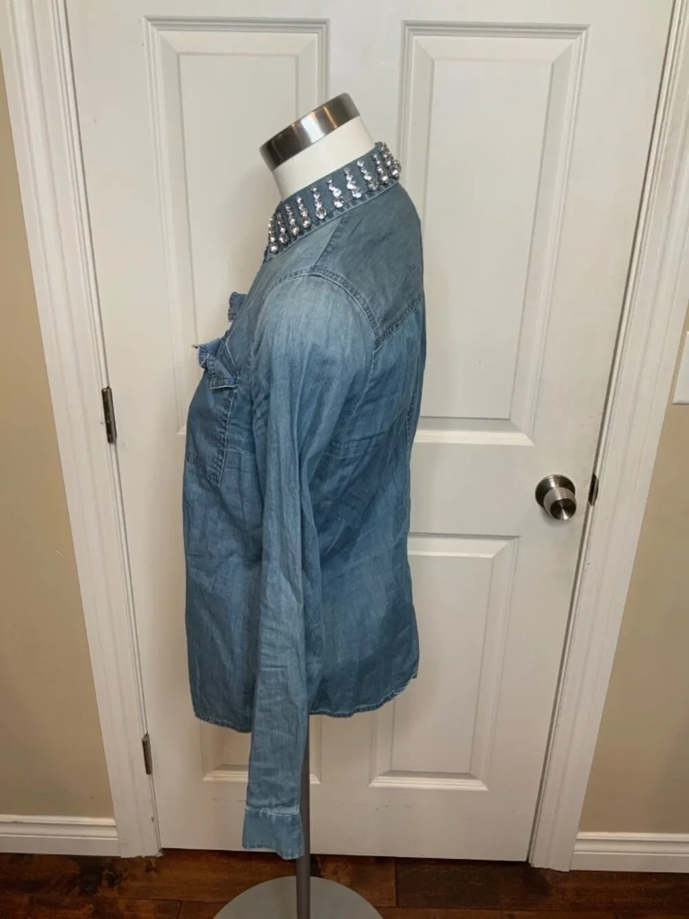 Michael Kors Blue Chambray Denim Button-Up Jewel Collar Shirt, Size XS